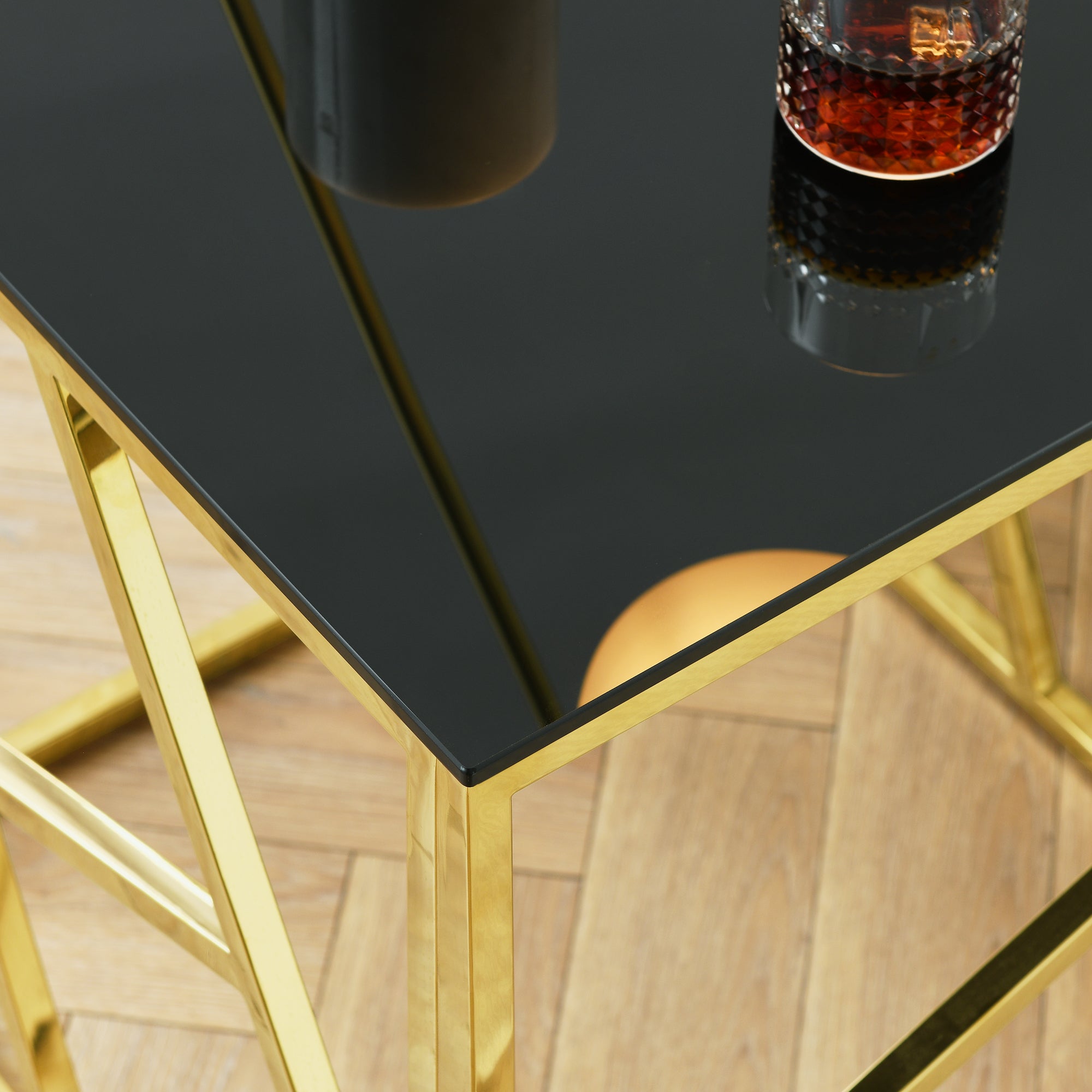 Modern Rectangular Coffee Accent Table with Black Tempered Glass Top and Stainless Steel Frame - Gold