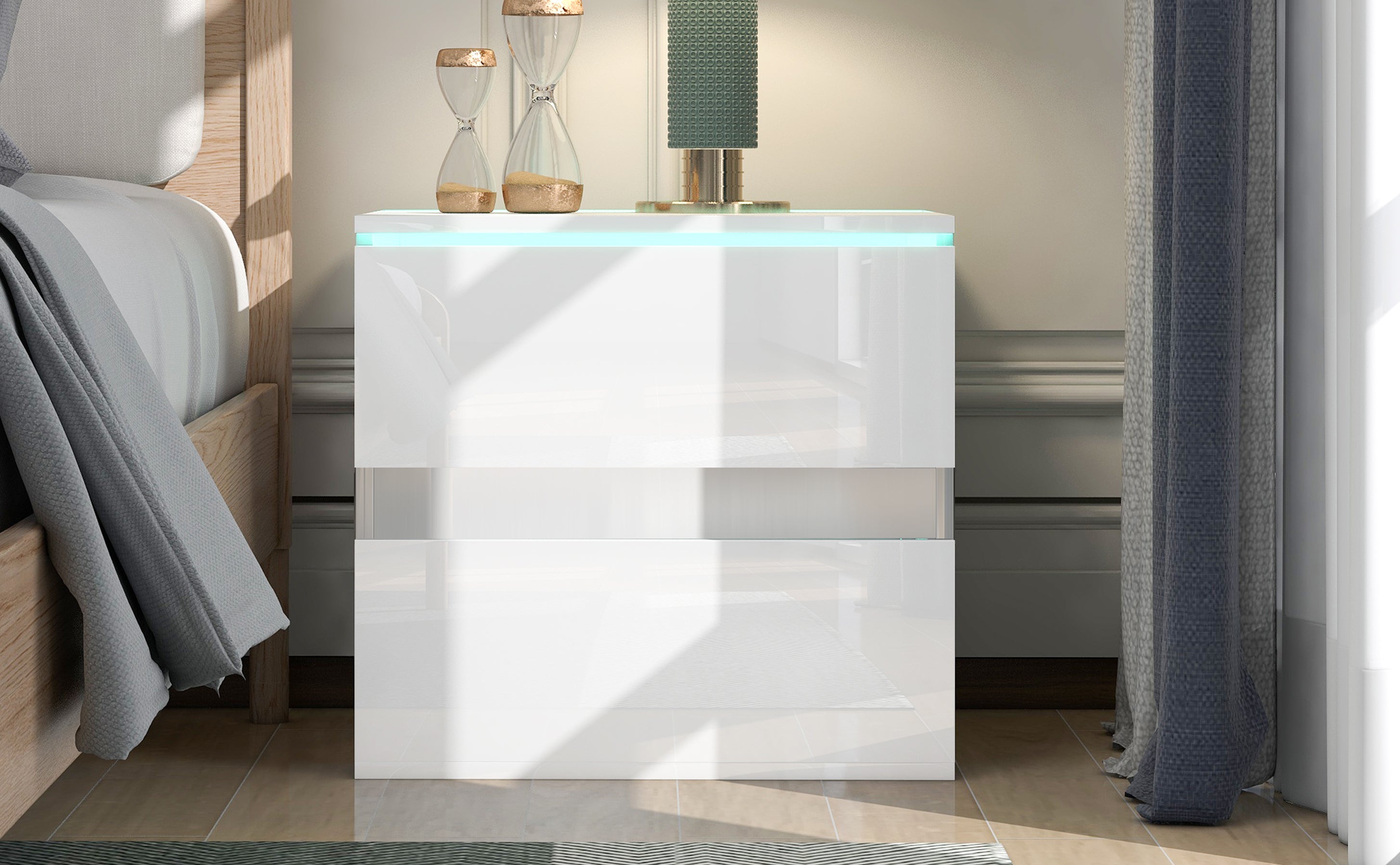 Nightstand with 2 Drawers, USB Charging Ports and Remote Control LED Light - White
