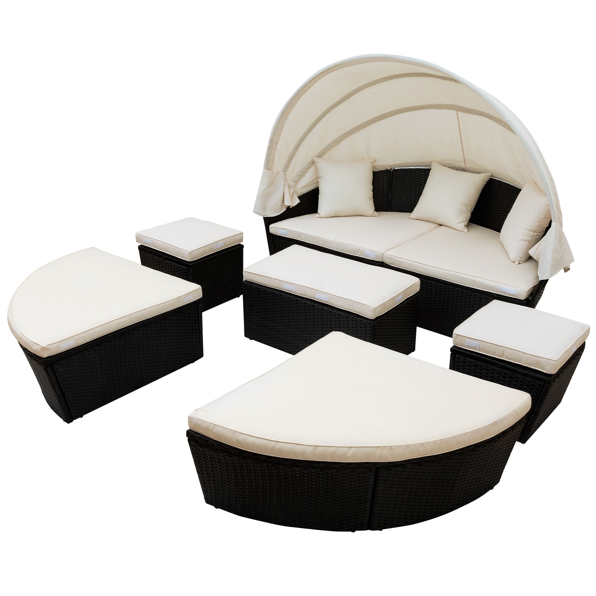 Outdoor Rattan Daybed Sunbed with Retractable Canopy Wicker - Beige