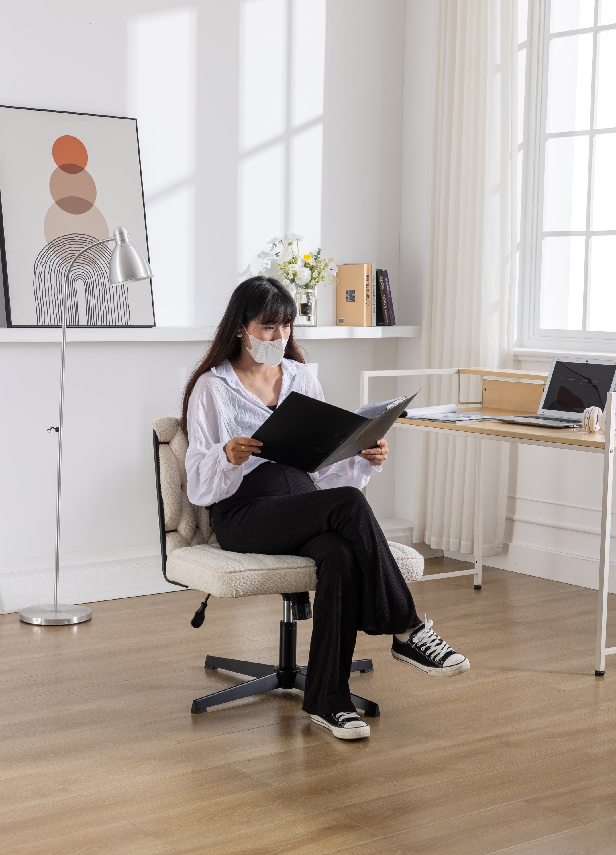 Armless Office Desk Chair No Wheels - White