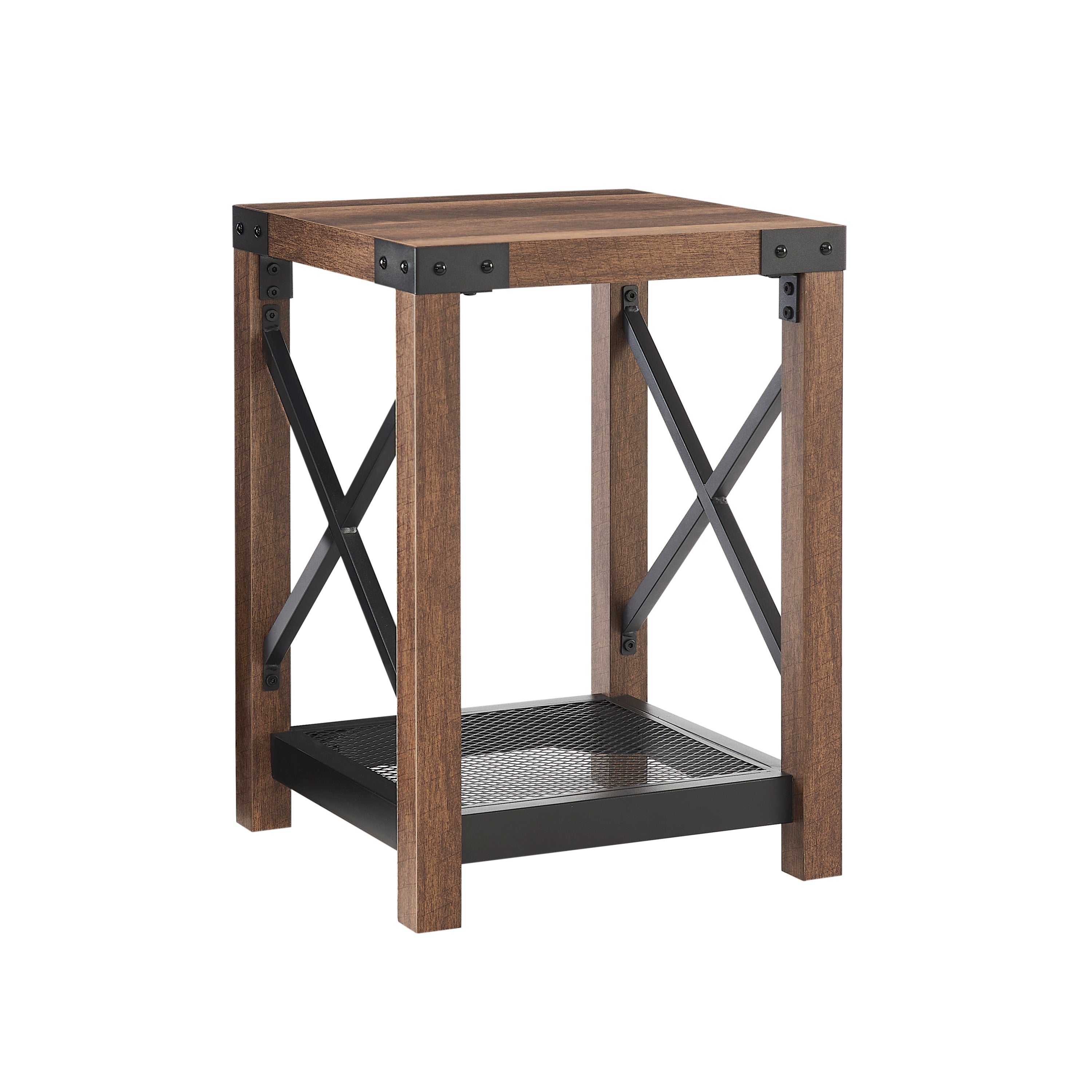 Farmhouse Wood Side Table, Nightstand with Mesh Shelf, 2-Tier End Table - Brown