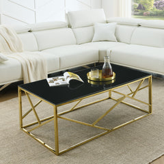 Modern Rectangular Coffee Accent Table with Black Tempered Glass Top and Stainless Steel Frame - Gold