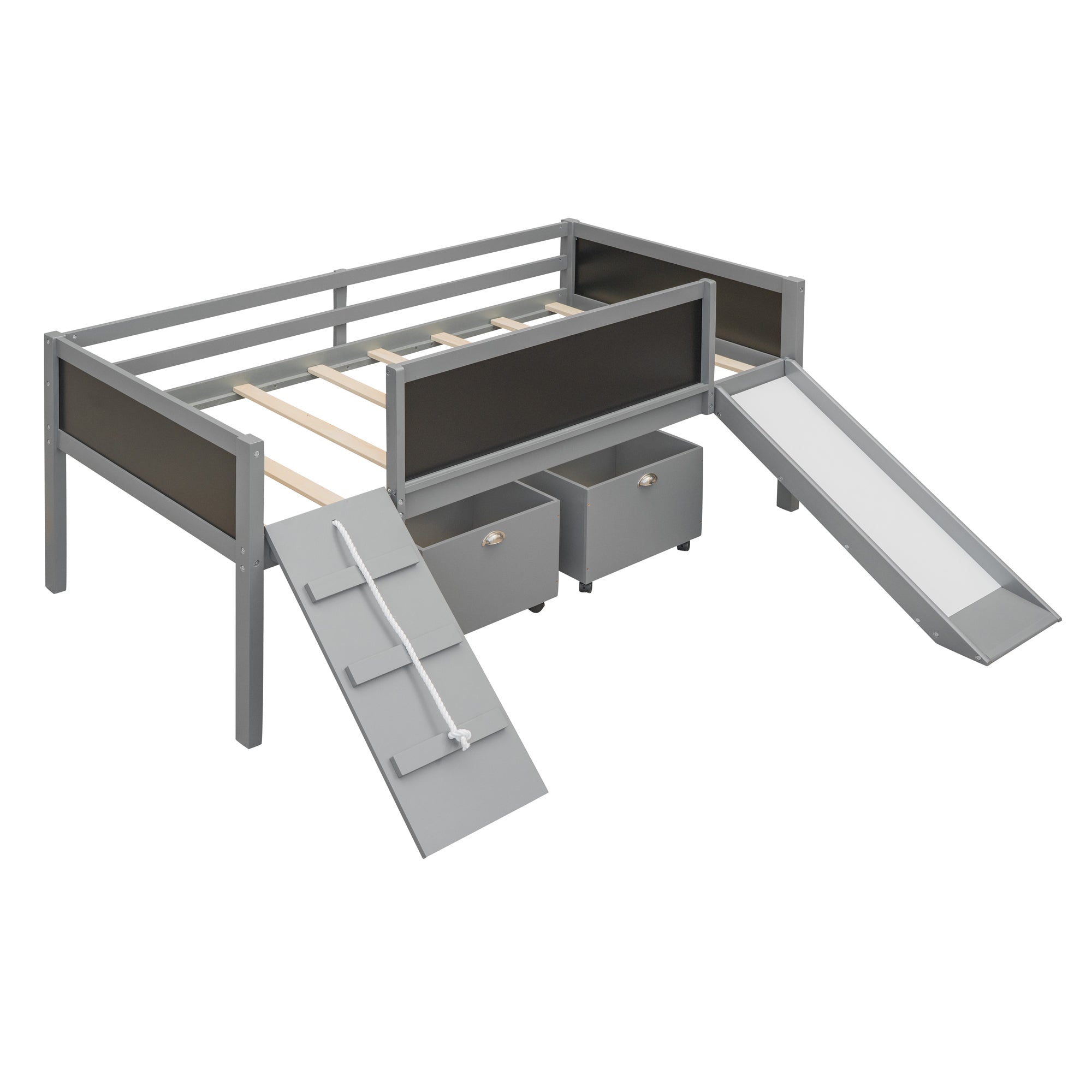 Twin size Loft Wood Bed with Two Storage Boxes - Gray