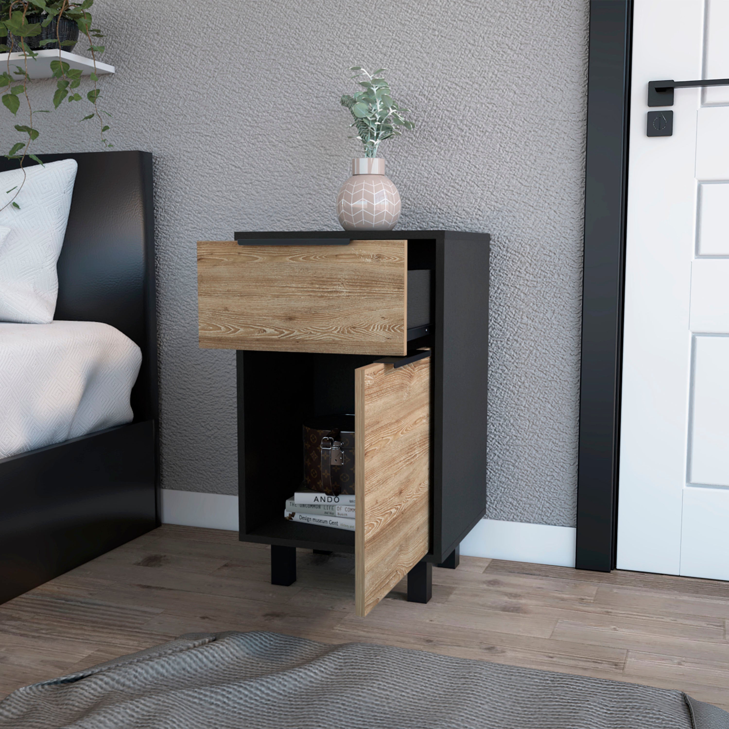 Black Wengue and Pine 1-Drawer Nightstand