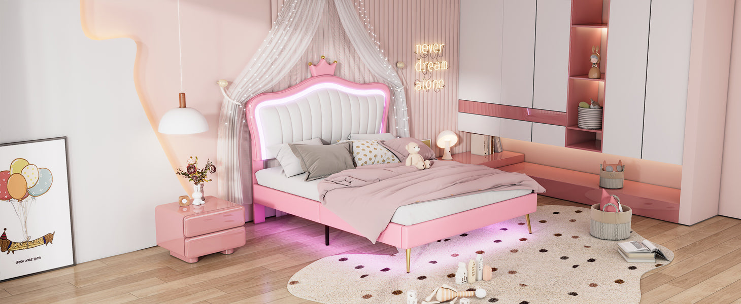 Full Size Princess Bed With Crown Headboard with LED Lights - White+Pink