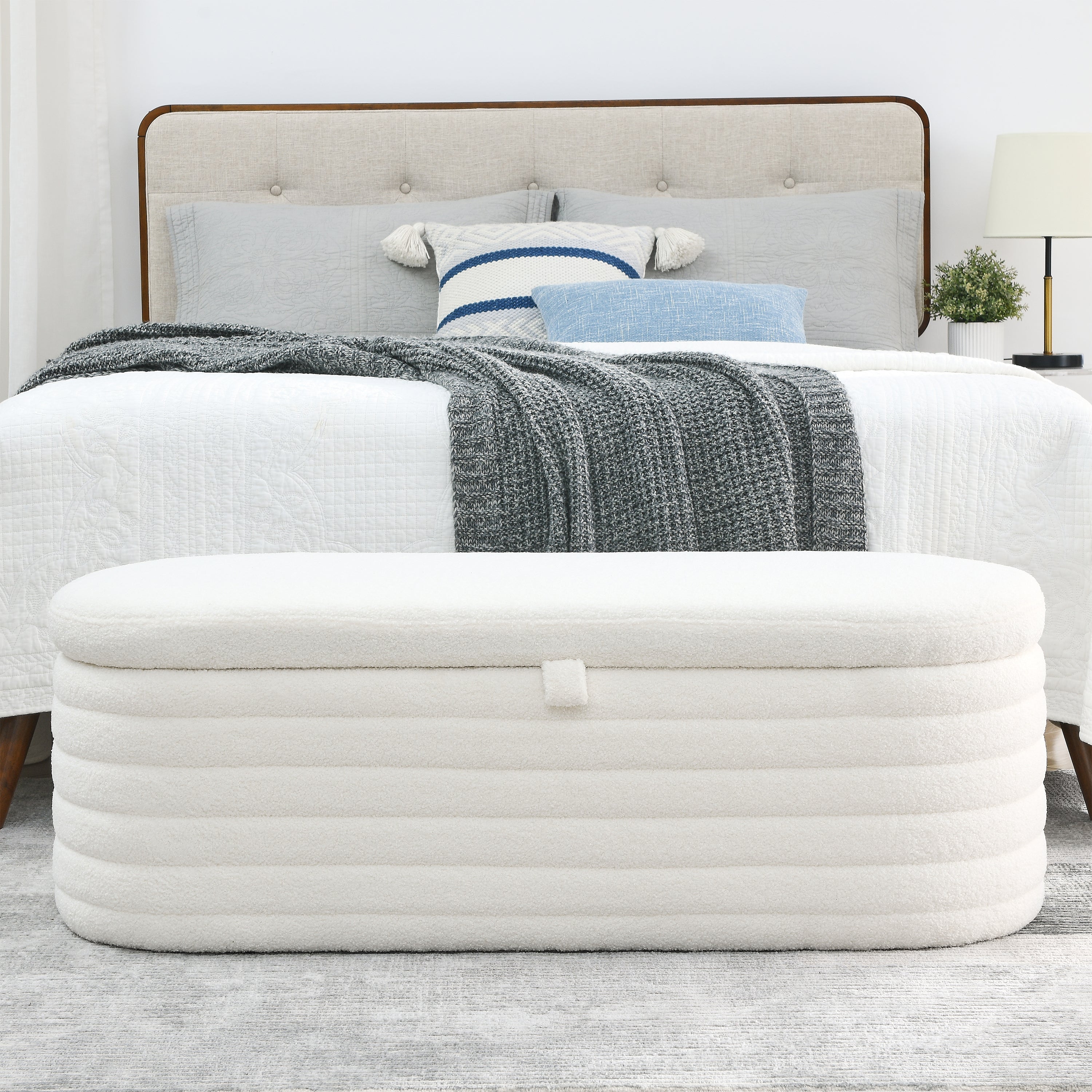 Storage Ottoman Bench Upholstered Fabric Storage - White Teddy