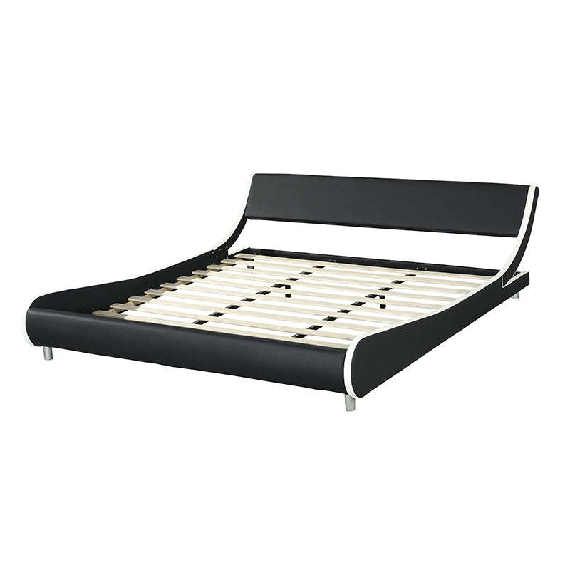 King Size Faux Leather Upholstered Platform Bed Frame, Curve Design, Wood Slat Support, No Box Spring Needed - Black+White