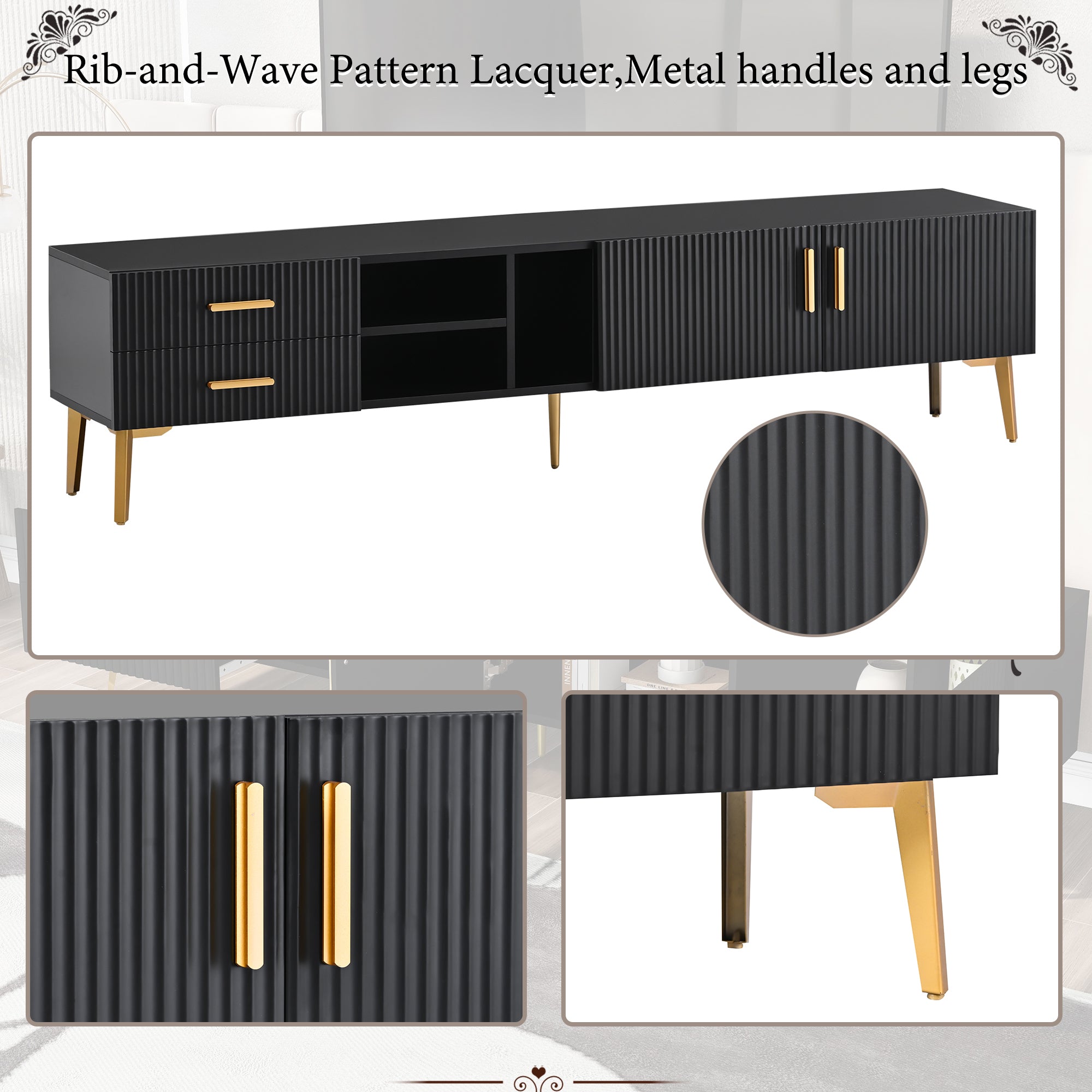 Modern TV Stand with 5 Champagne legs for TVS up to 77" - Black