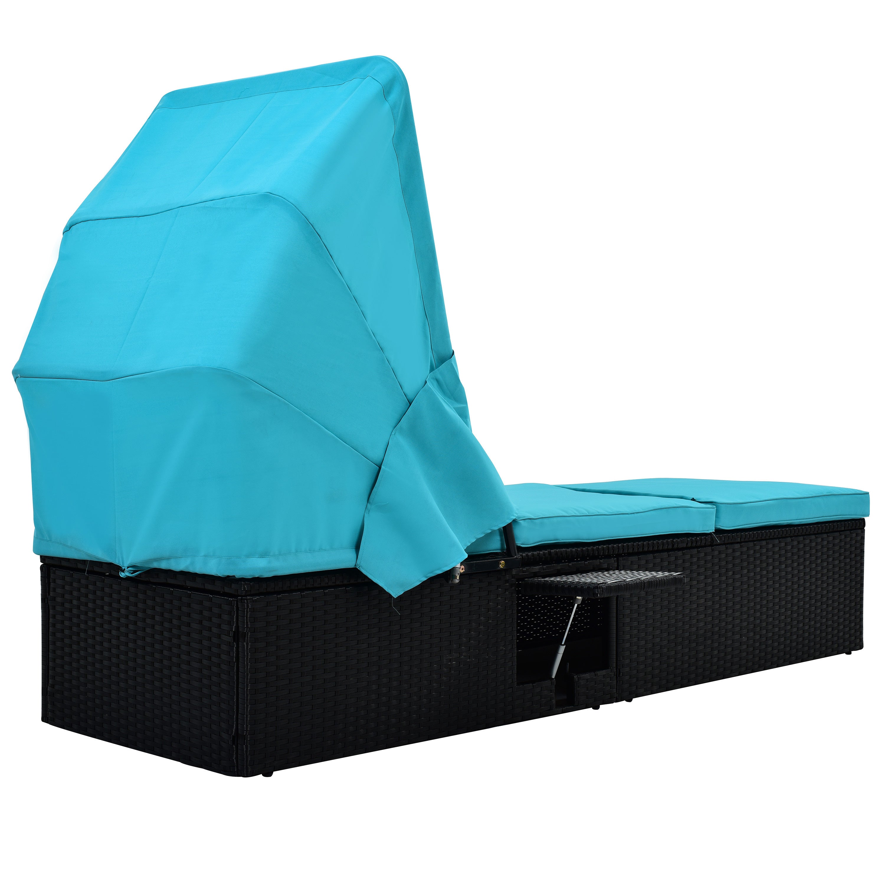 76.8" Long Reclining Single Chaise Lounge with Cushions, Canopy and Cup Table (Set of 2) - Black Wicker + Blue Cushion