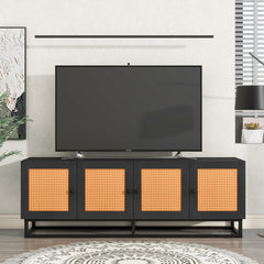 Modern/Bohemian TV Stand Cabinet with 4 Textured Rattan Doors - Espresso