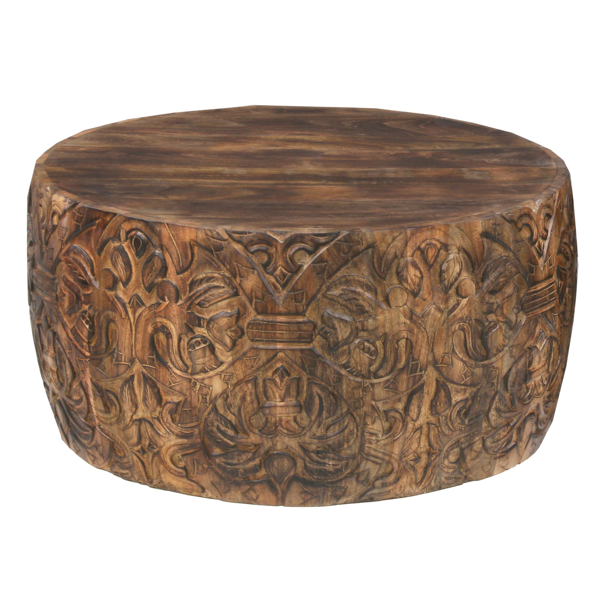 Handcrafted Mango Wood Coffee Table Round Drum Shape - Walnut Brown