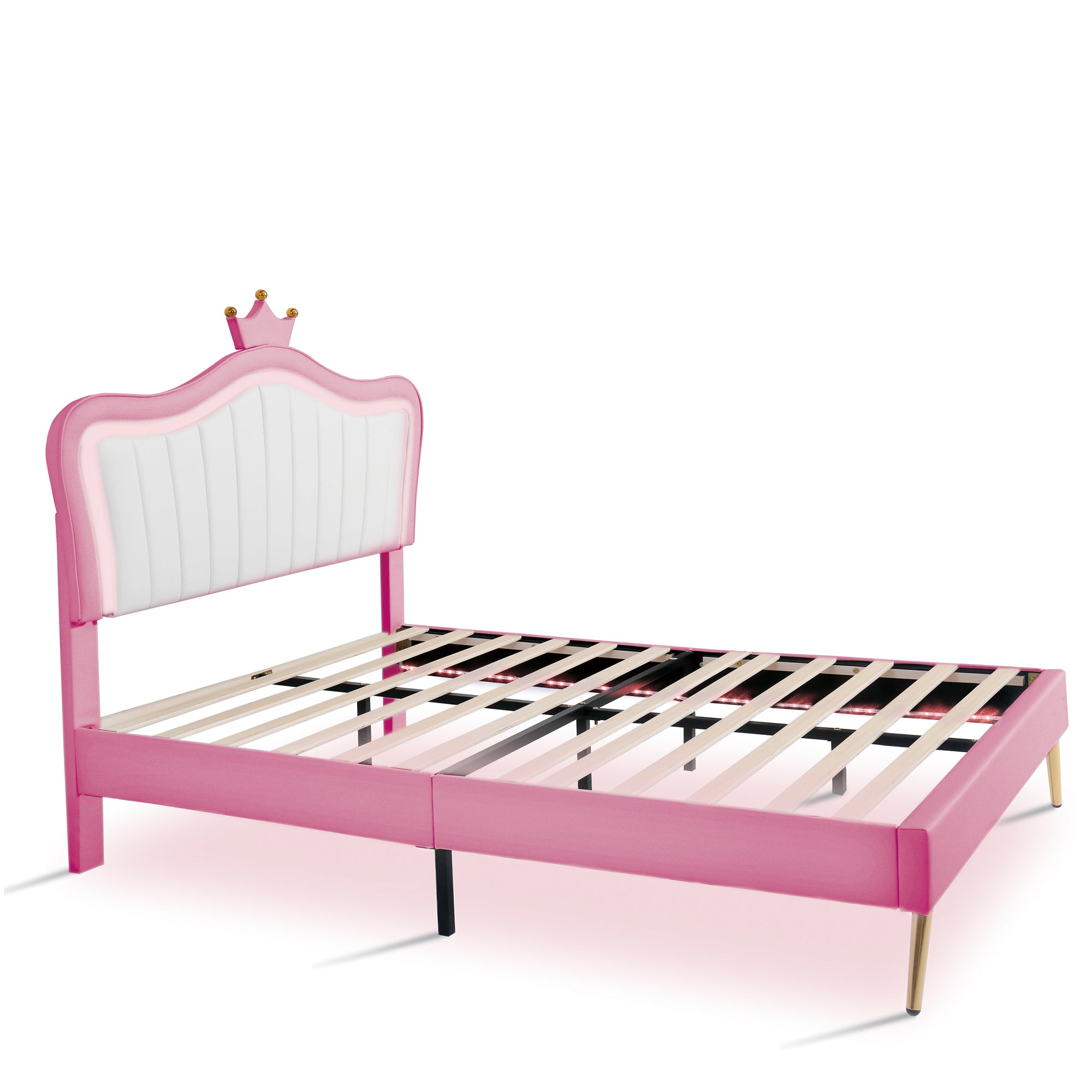 Full Size Princess Bed With Crown Headboard with LED Lights - White+Pink
