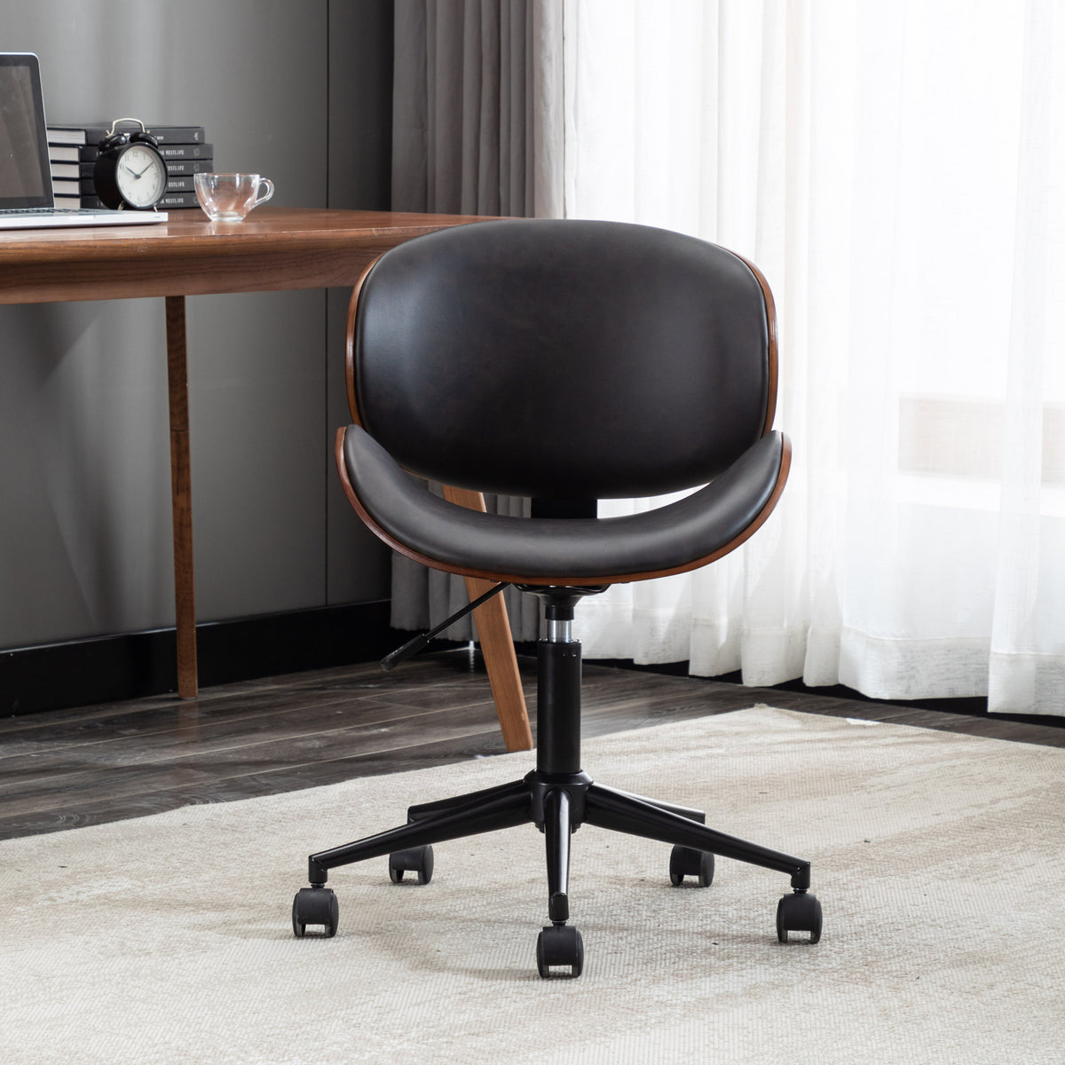 Bentwood Adjustable Office Chair, Mix Color PU Leather Upholstery and Black Foot