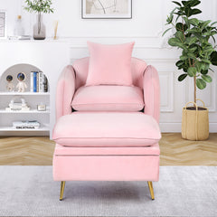 Modern Armchair with Ottoman Fabric Single Sofa Foot Rest & Pillow Pink