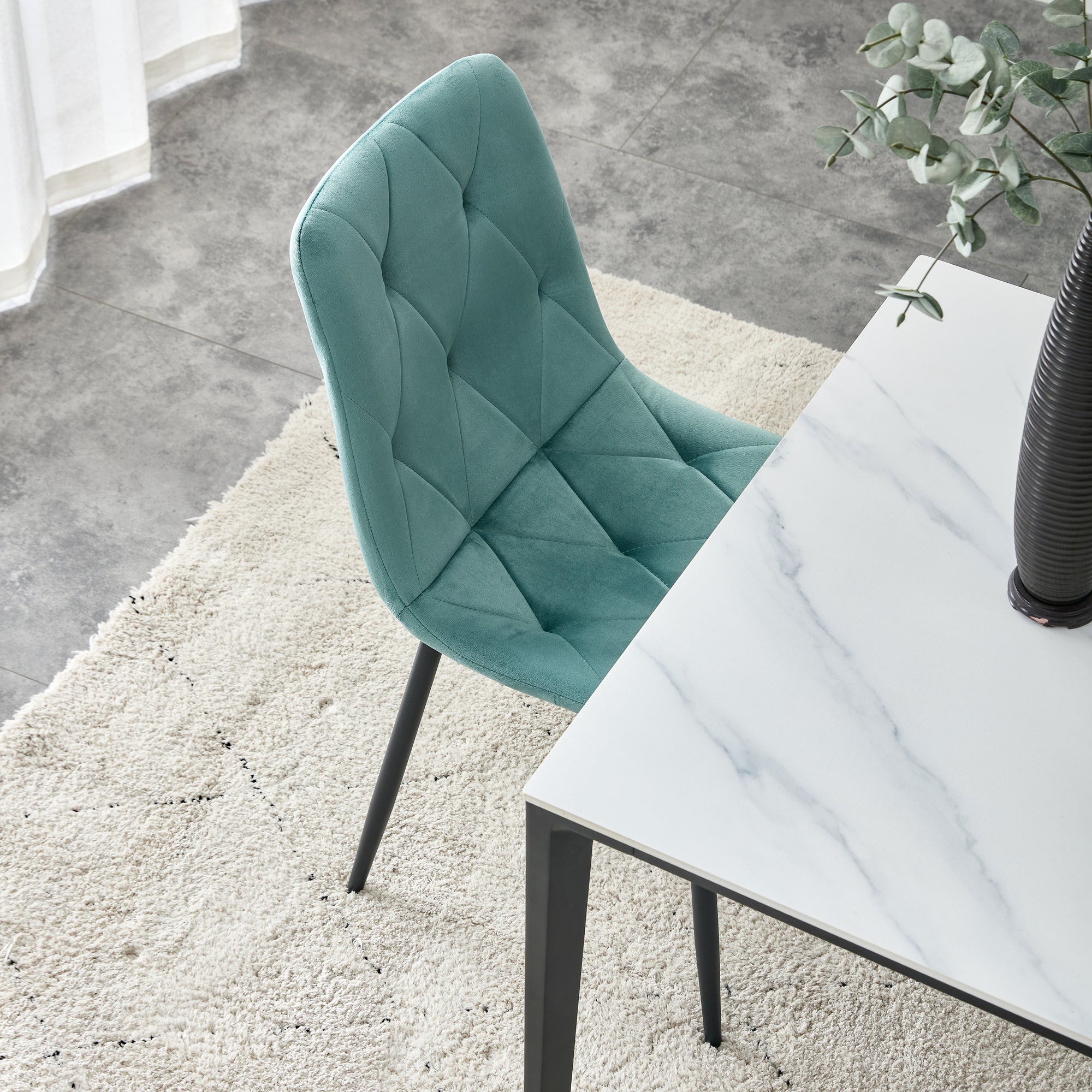 Modern Velvet Dining Chairs with Cushion Seat Back Black Coated Legs (Set of 4) - Antique Blue Green