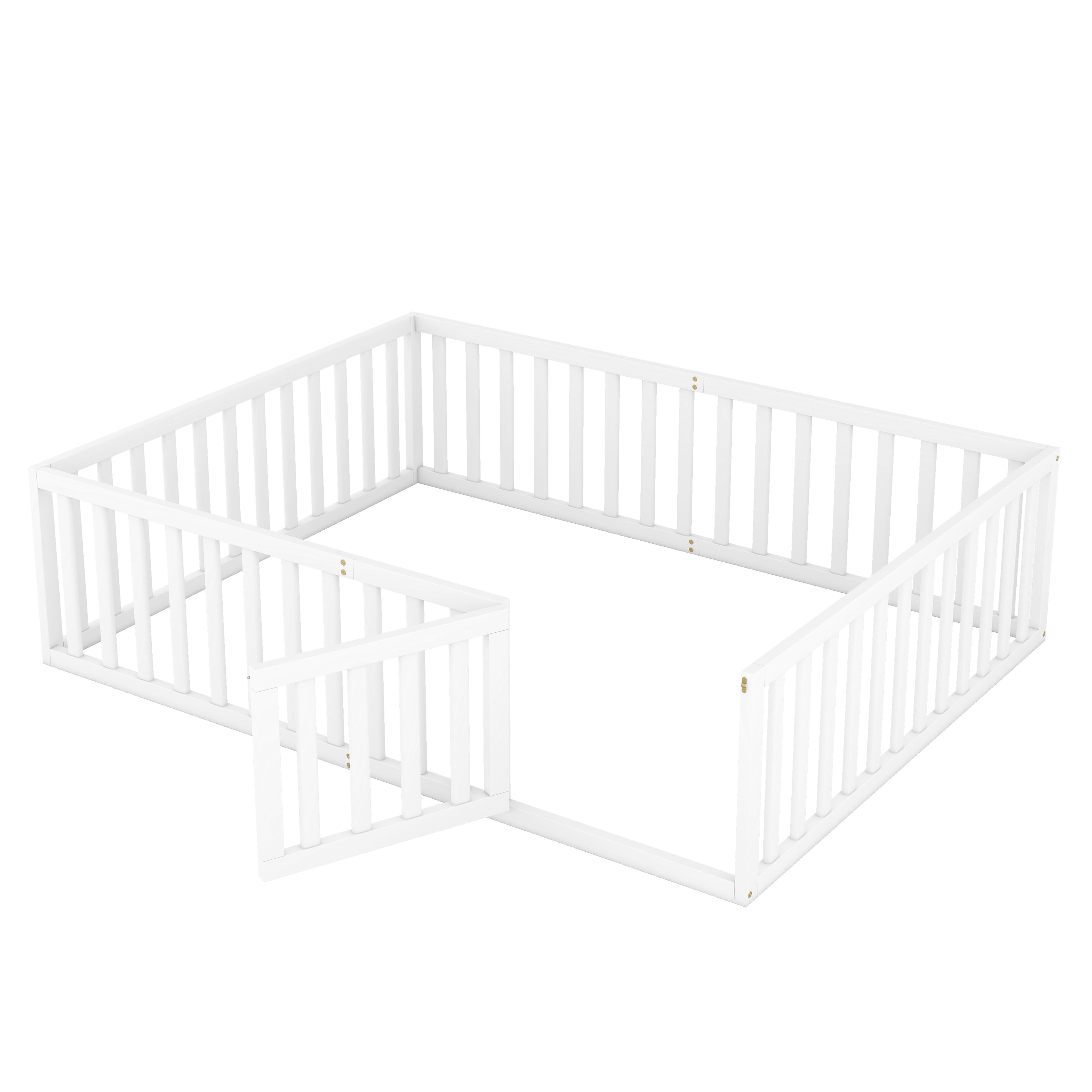 Queen Size Wood Floor Bed Frame with Fence and Door - White