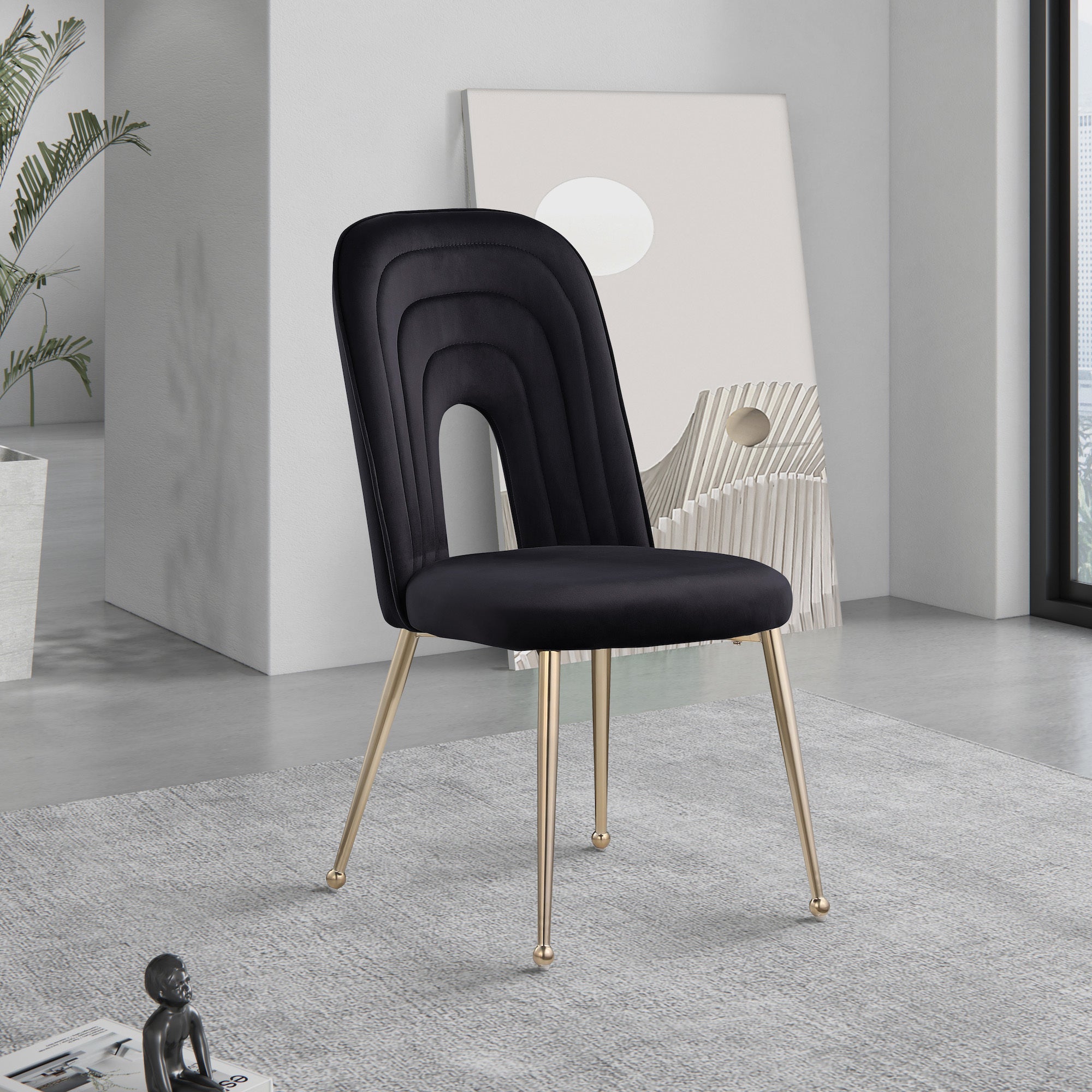 Mid Century Velvet Upholstered Dining Chairs with Metal Legs (Set of 2) - Black
