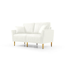 Set of 2 Couches 2-Piece Cream Velvet Upholstered Living Room Sofa, Including 2-Seater Sofa and Loveseat with Four Throw Pillows and Metal legs
