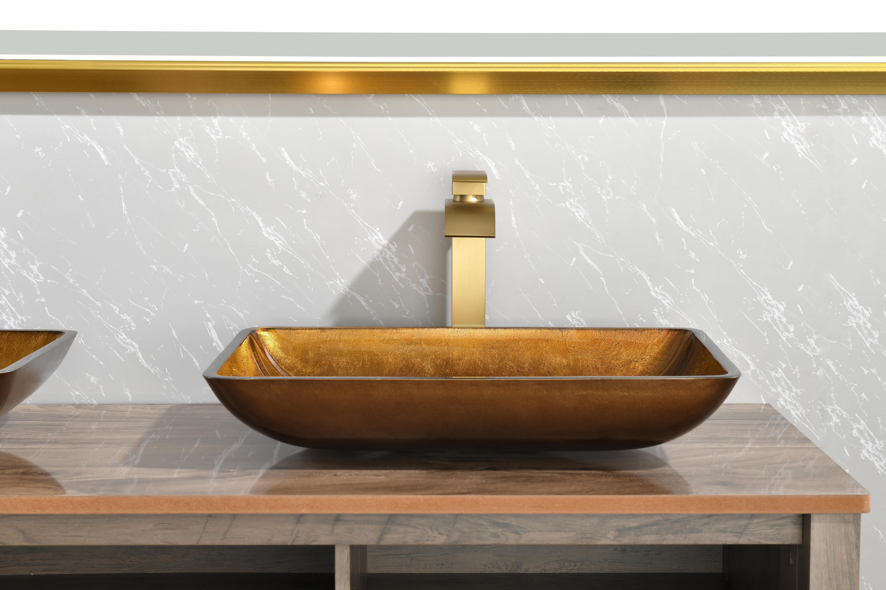 22.25" L -14.25" W -4 1/2" H Glass Rectangular Vessel Bathroom Sink Set with Gold Faucet and Gold Pop Up Drain