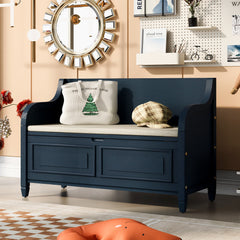Rustic Style Solid Wood Entryway Storage Bench with Safety Hinge - Antique Navy + Beige
