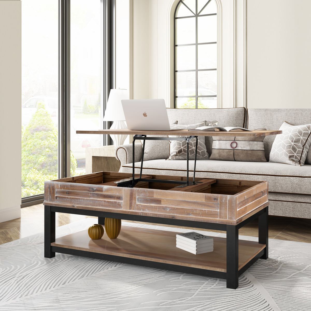 Lift Top Coffee Table with Inner Storage Space and Shelf - Brown Pine