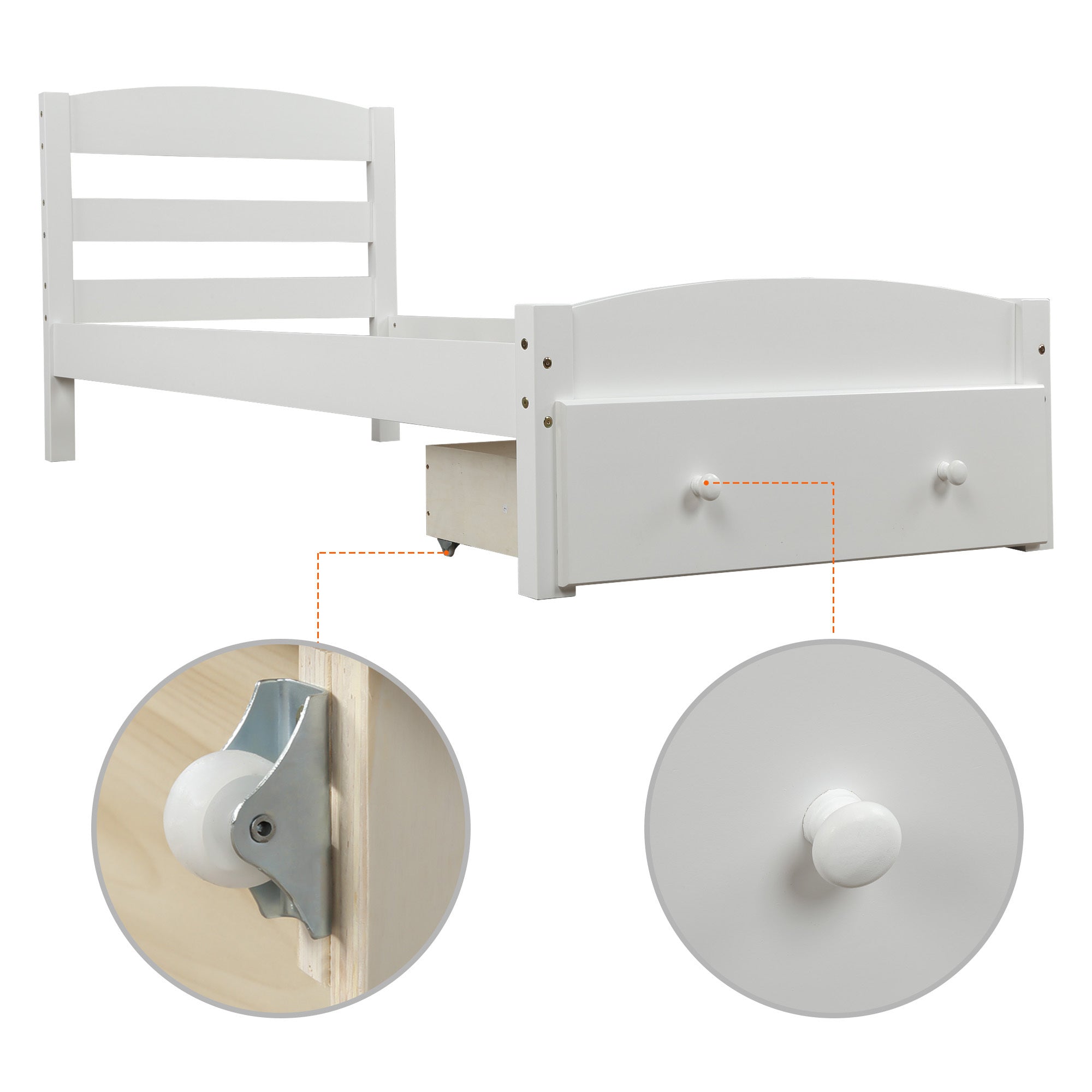 Platform Twin Bed Frame with Storage Drawer and Wood Slat Support No Box Spring Needed - White