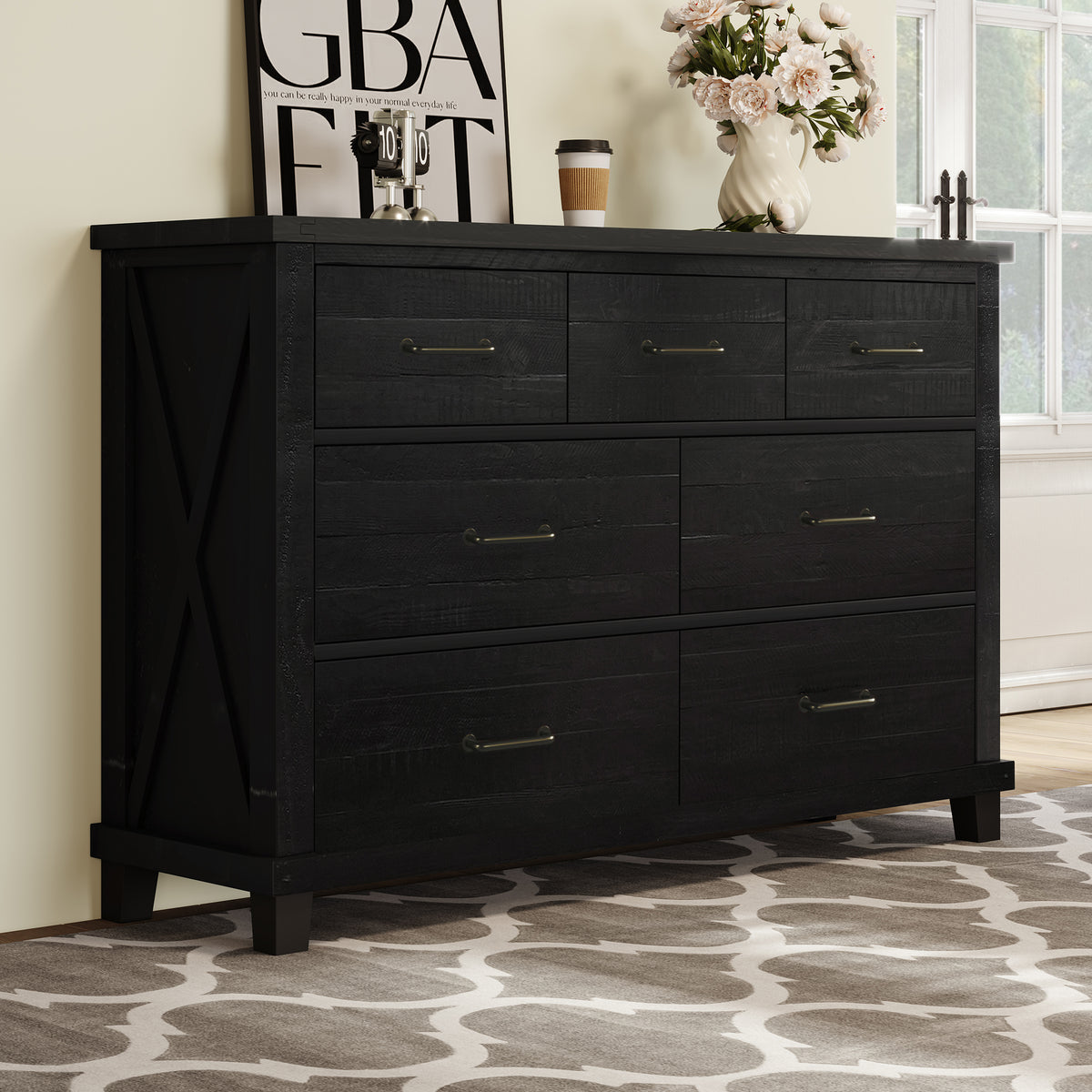 Rustic Farmhouse Style Solid Pine Wood Seven-Drawer Dresser