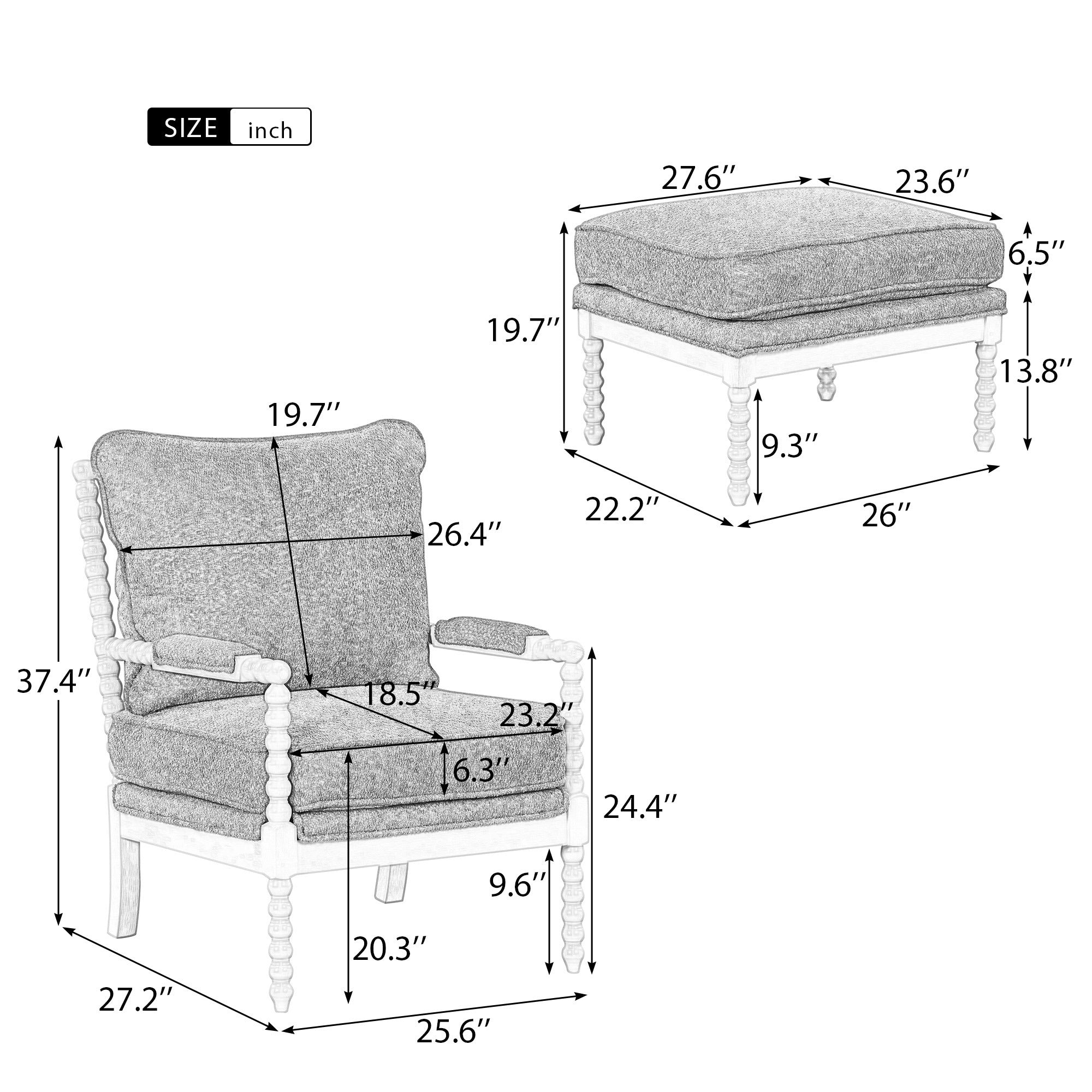 Modern Tufted Velvet Accent Chair with Ottoman - White+Gray