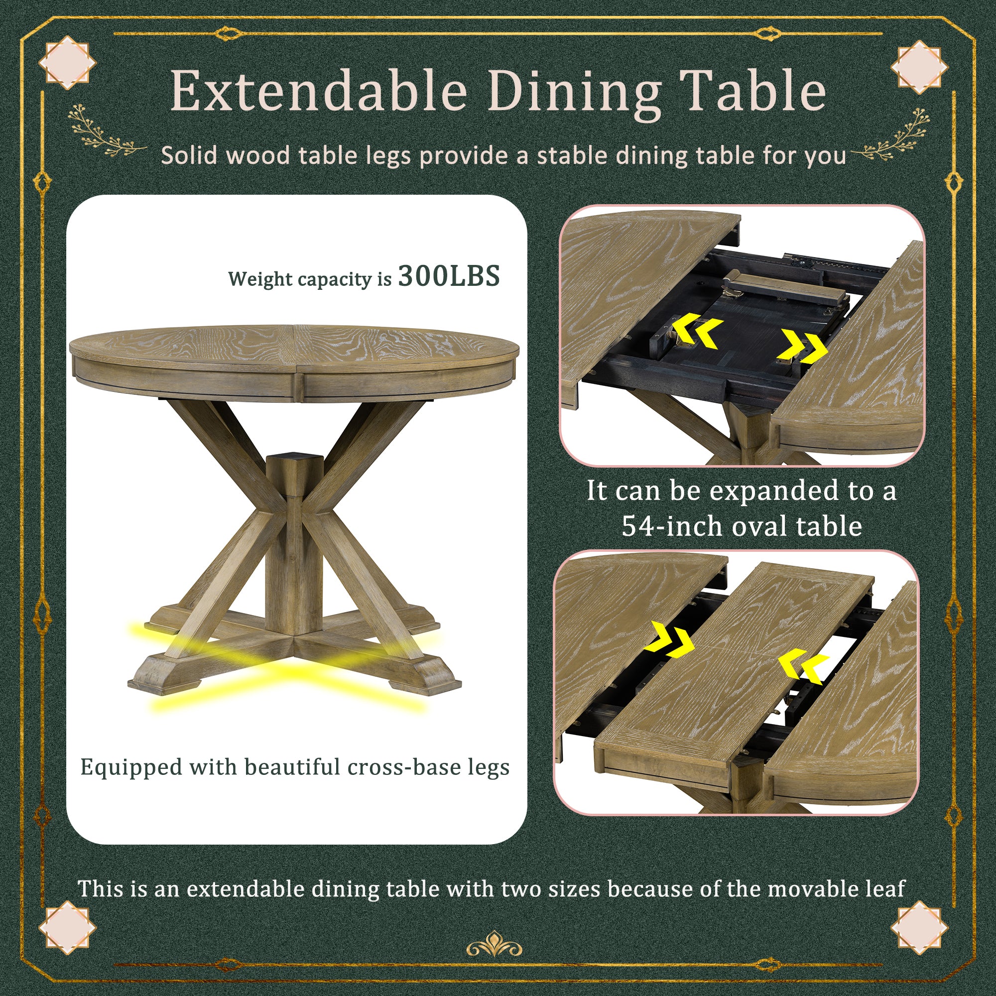 Retro Style Dining Table Set with Extendable Table and 4 Upholstered Chairs- Natural Wood Wash