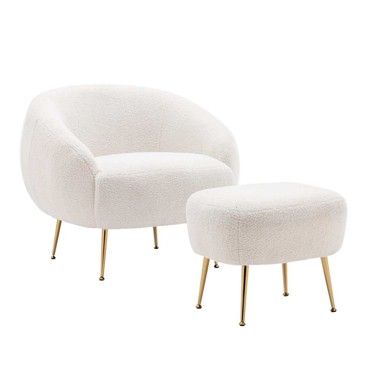 Modern Teddy Short Plush Comfy Armchair with Ottoman - White