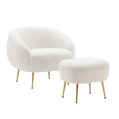 Modern Teddy Short Plush Comfy Armchair with Ottoman - White