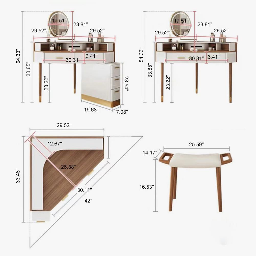 Modern Corner Makeup Vanity Table with LED Lighted Mirror, 5 Drawers, Stool