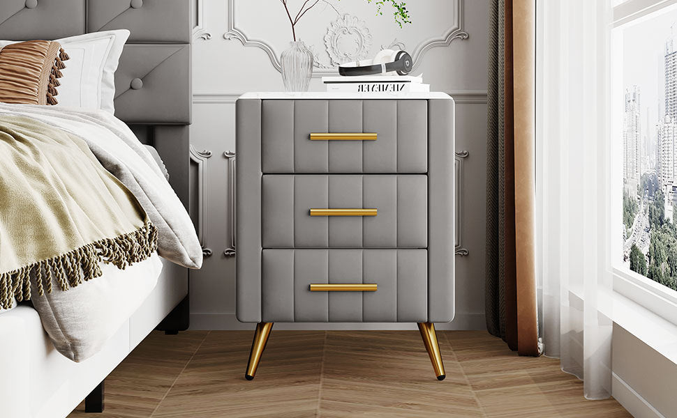 Upholstered Wooden Nightstand with 3 Drawers, Table with Marbling Worktop - Gray