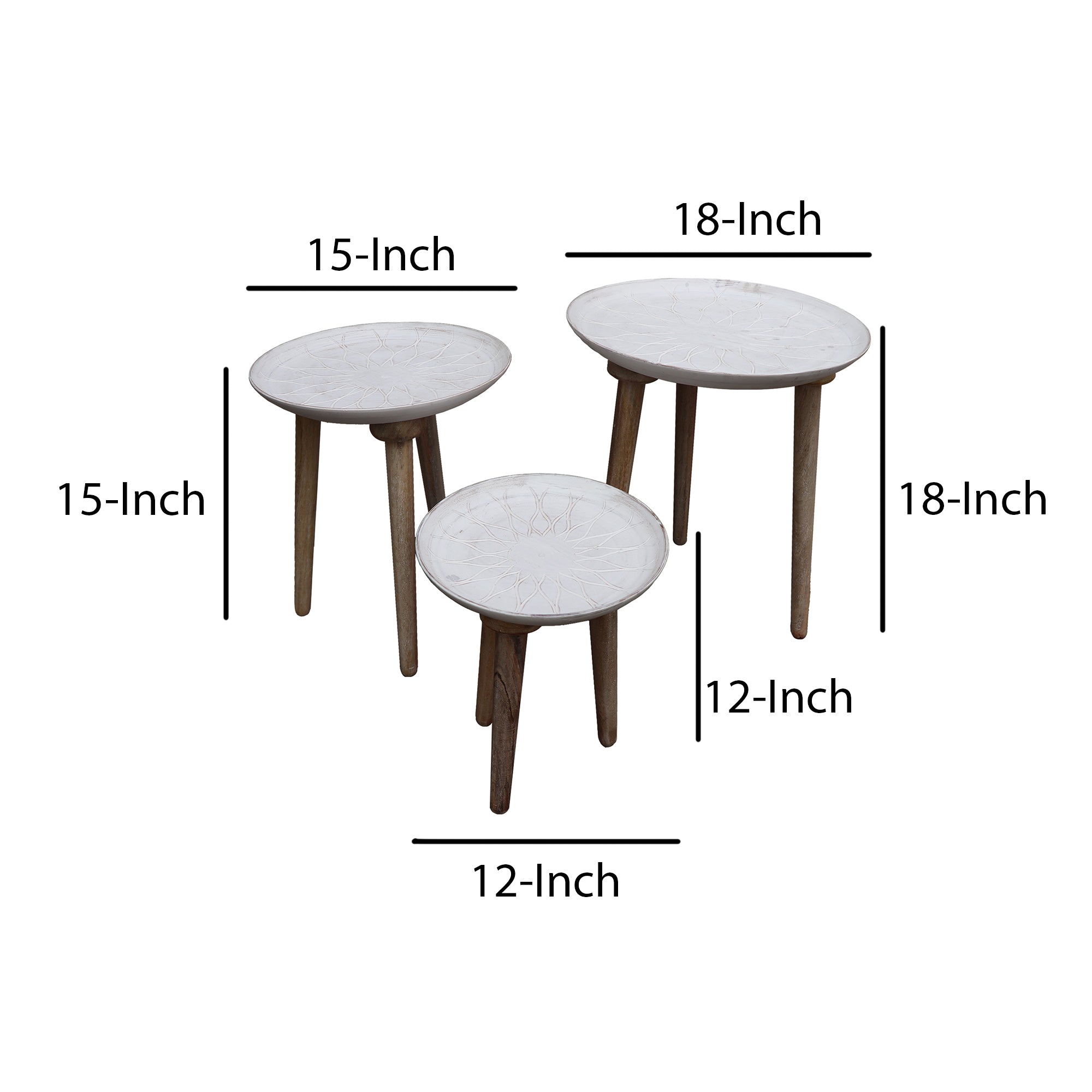 Mango Wood Bowl Top Side End Coffee Table with Angled Tripod Base (Set of 3) - White and Brown