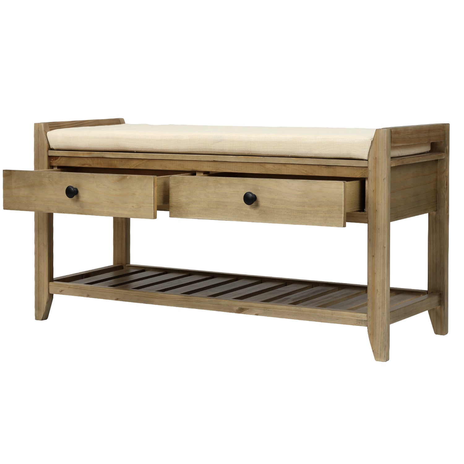 Shoe Rack with Cushioned Seat and Drawers, Multipurpose Entryway Storage Bench - Gray Wash