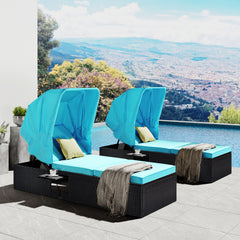 76.8" Long Reclining Single Chaise Lounge with Cushions, Canopy and Cup Table (Set of 2) - Black Wicker + Blue Cushion