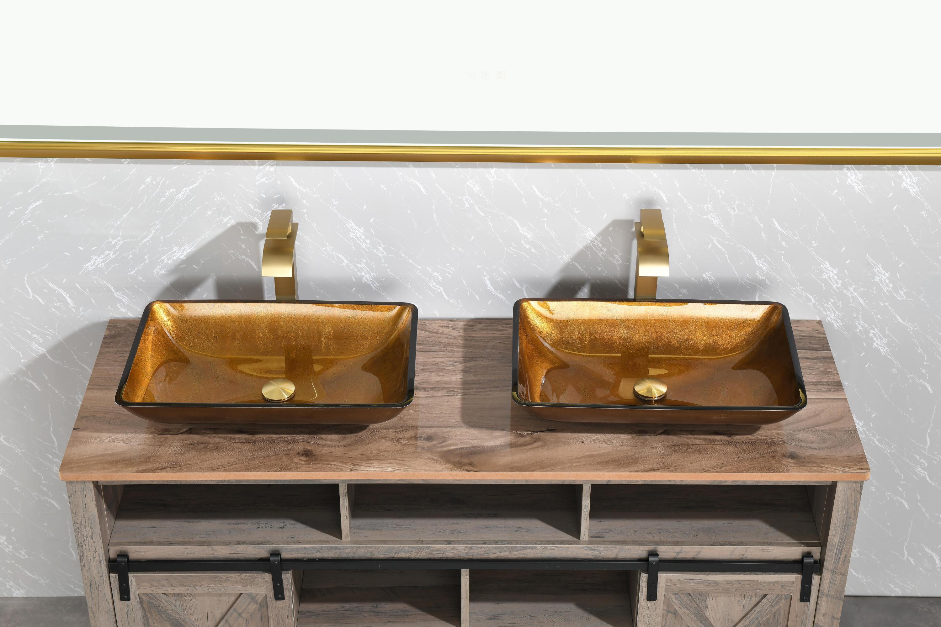 22.25" L -14.25" W -4 1/2" H Glass Rectangular Vessel Bathroom Sink Set with Gold Faucet and Gold Pop Up Drain