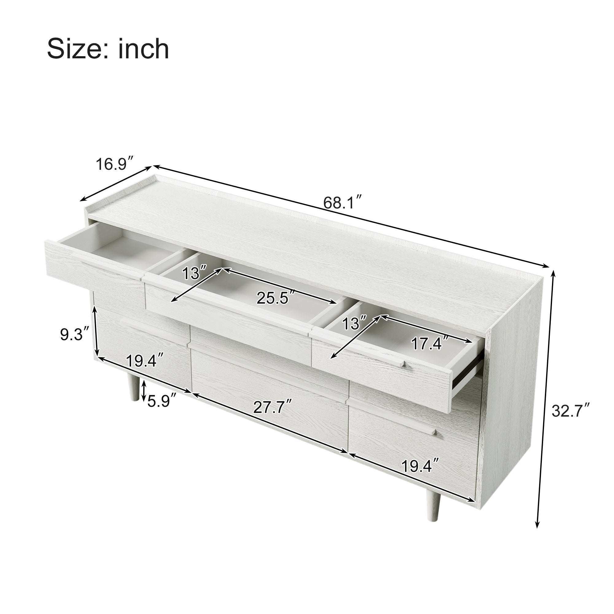 Modern Style Manufactured Wood 9-Drawer Dresser with Solid Wood Legs - White