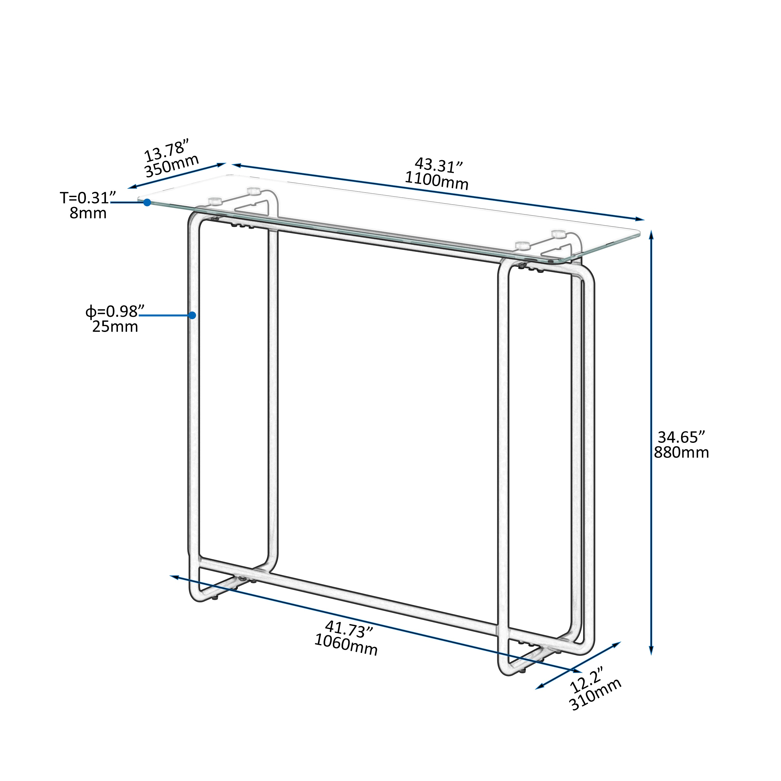 Console Table Single Layer Tempered Glass Rectangular Porch Table Black Leg -Transparent