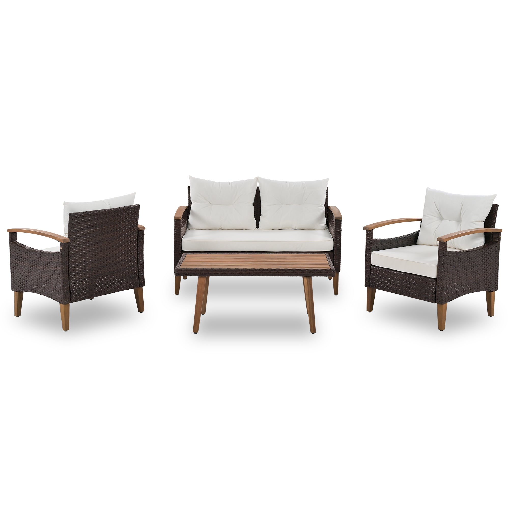 4-Piece Garden Furniture,  Patio Seating Set, PE Rattan Outdoor Sofa Set, Wood Table and Legs - Brown and Beige