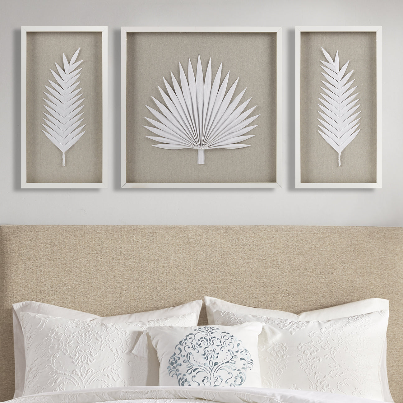 Sabal Framed Rice Paper Palm Leaves 3-piece Shadowbox Wall Decor Set - Natural & White