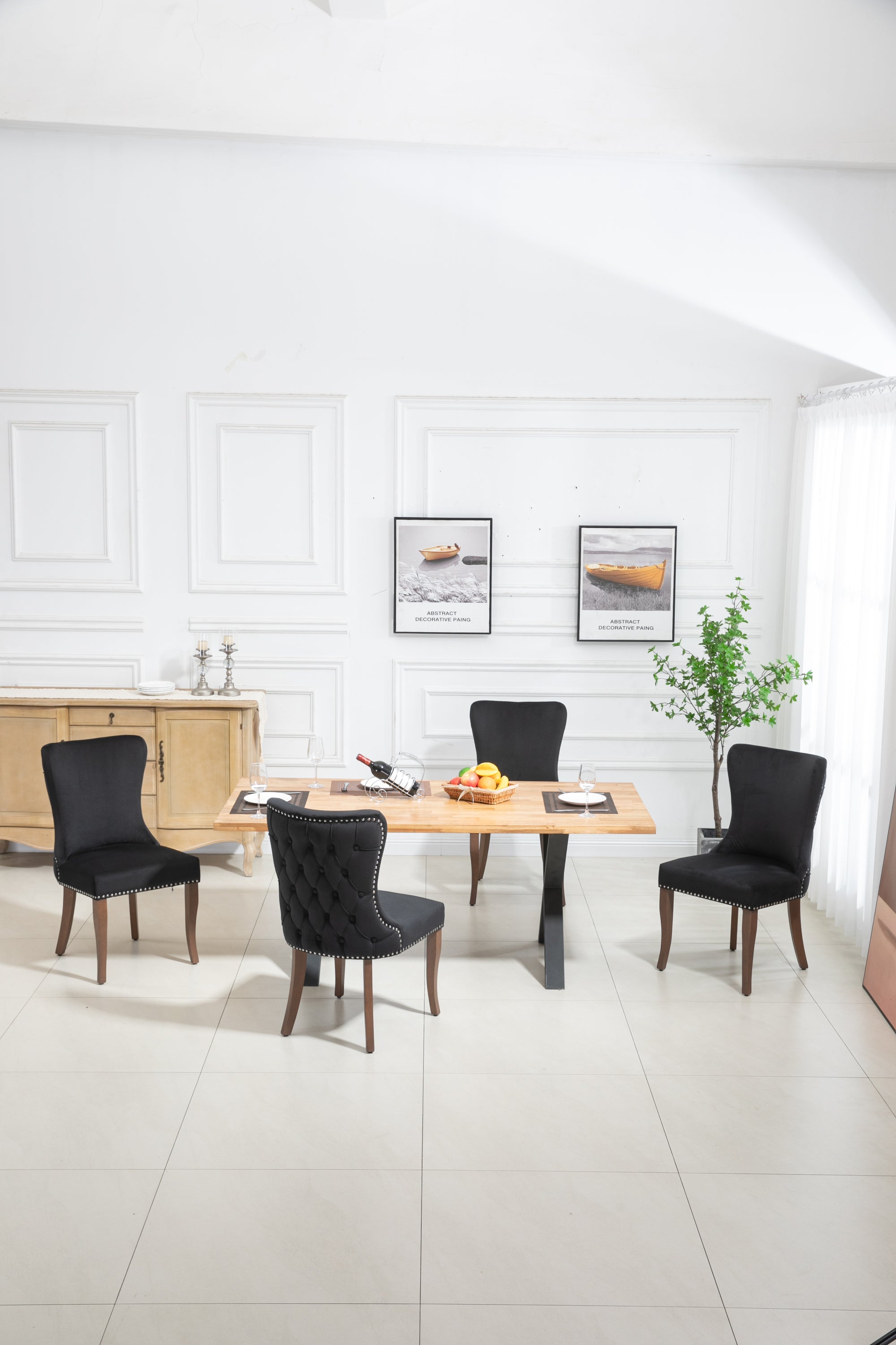 Velvet Upholstered Dining Chairs with Designed Back and Nailhead trim and Solid Wood Legs (Set of 2) - Black