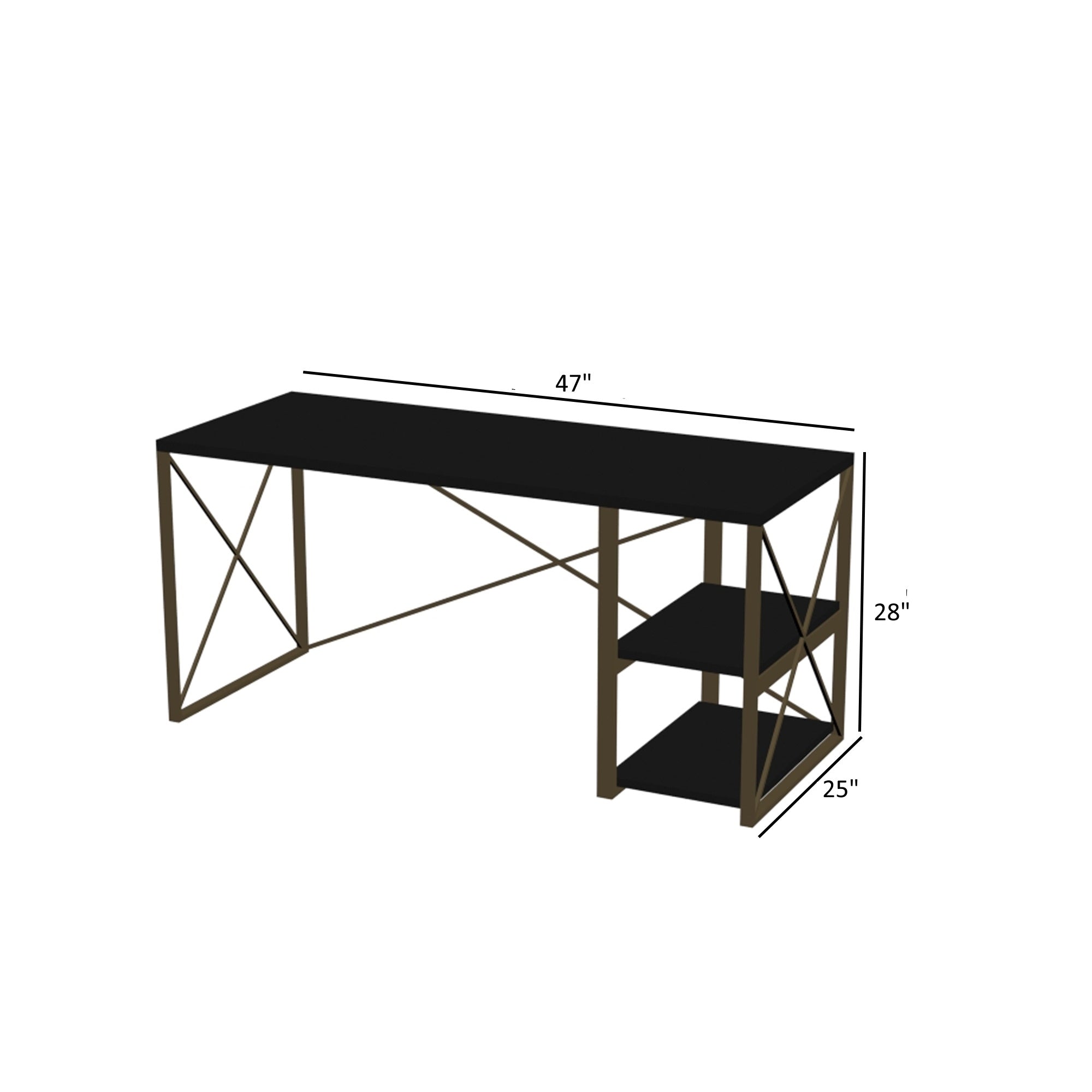 Gold Metal Frame 47" Wooden Top 2 Shelves Computer Desk - White