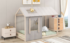 Twin Size House Platform with Roof and Window  - Antique Grey+Antique White
