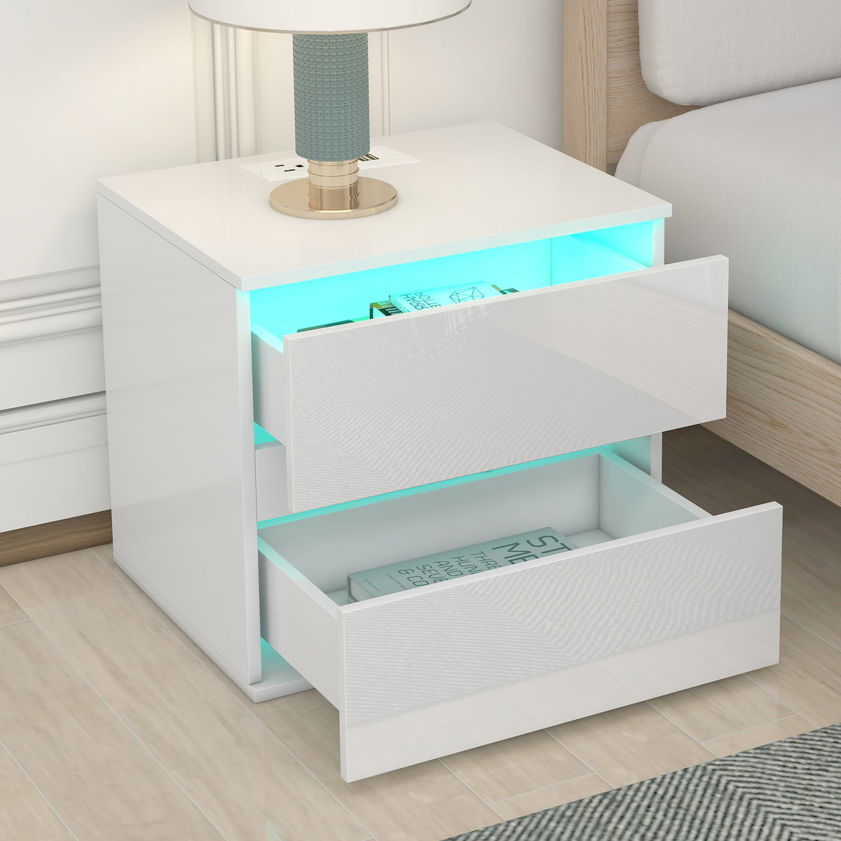 Nightstand with 2 Drawers, USB Charging Ports and Remote Control LED Light - White
