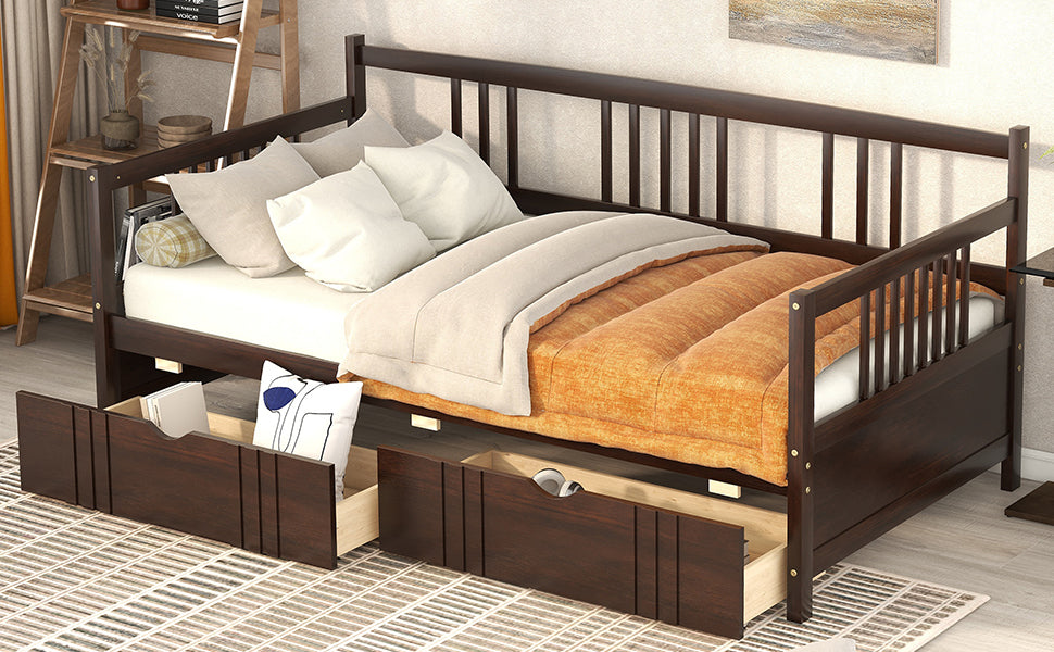 Twin Size Daybed Wood Bed with Two Drawers - Espresso