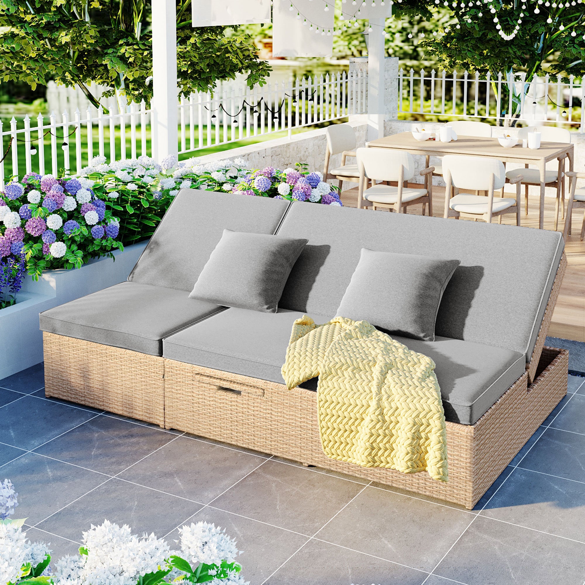 Outdoor Double Sun bed, Wicker Rattan Patio Reclining Chairs with Adjustable Backrest and Seat - Brown