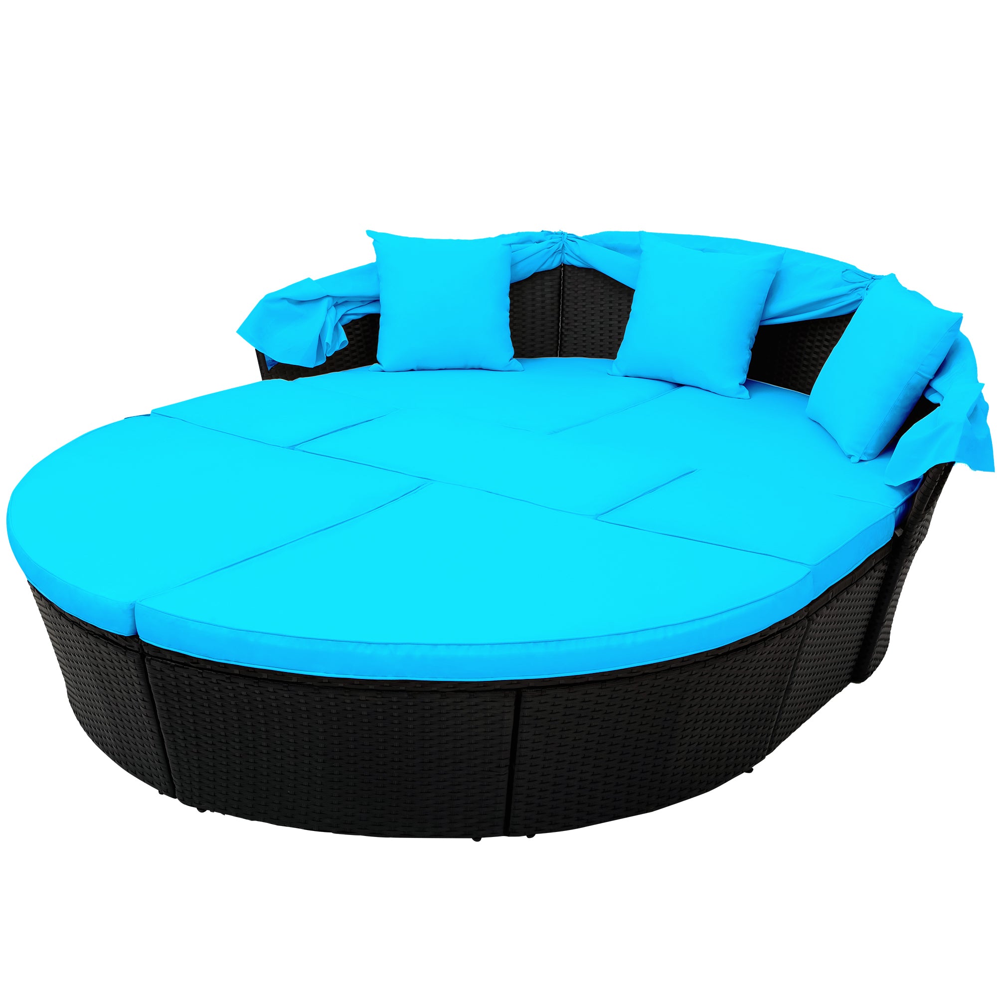 Outdoor rattan daybed sunbed with Retractable Canopy Wicker Furniture, Round Outdoor Sectional Sofa Set, Black Wicker Furniture Clamshell  Seating with Washable Cushions - Blue
