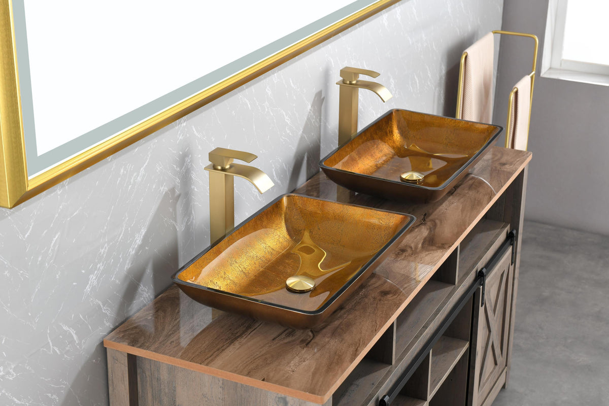 22.25" L -14.25" W -4 1/2" H Glass Rectangular Vessel Bathroom Sink Set with Gold Faucet and Gold Pop Up Drain
