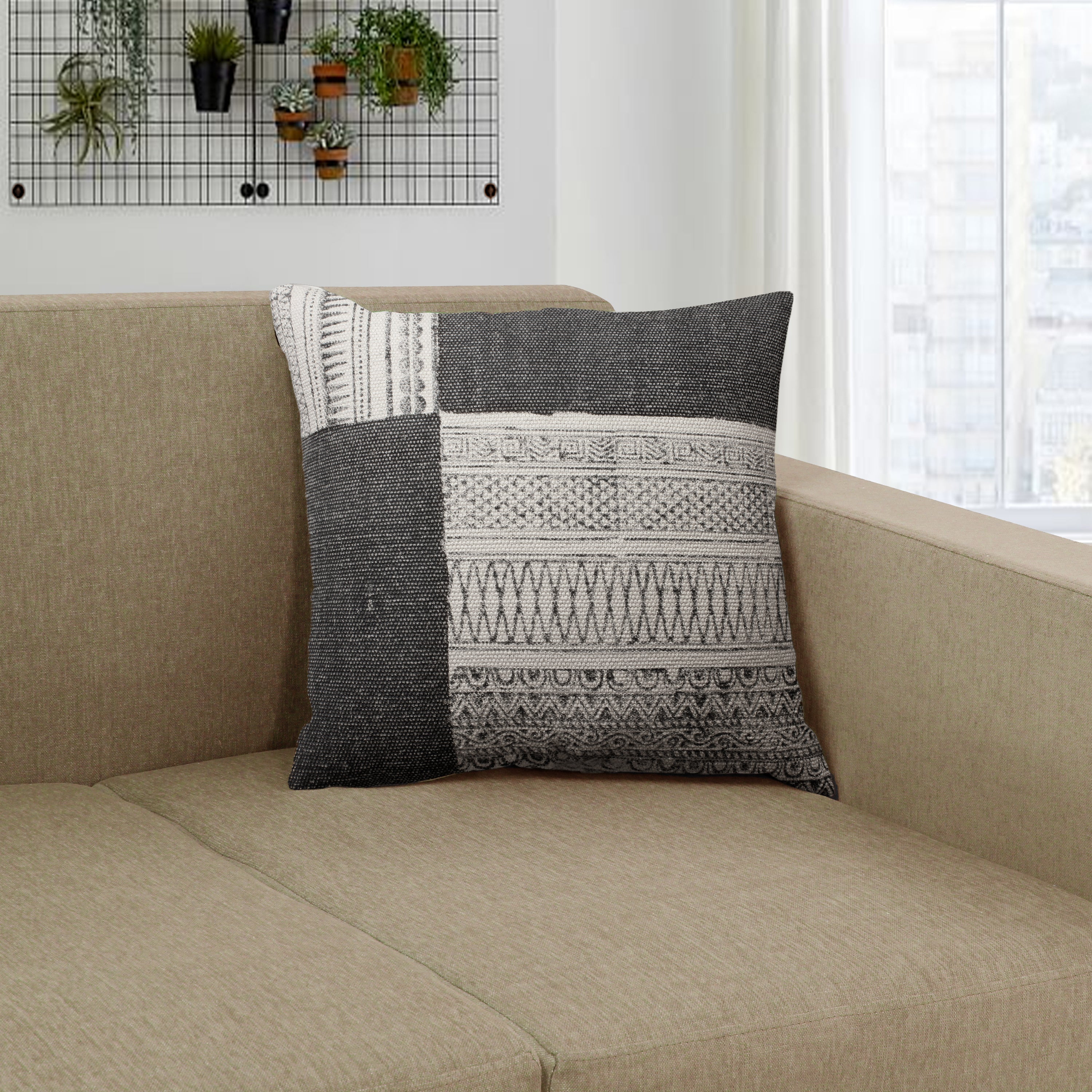 Square Handwoven Accent Throw Pillow, Cotton Dhurrie, Classic Kilim Pattern - Gray & Off White